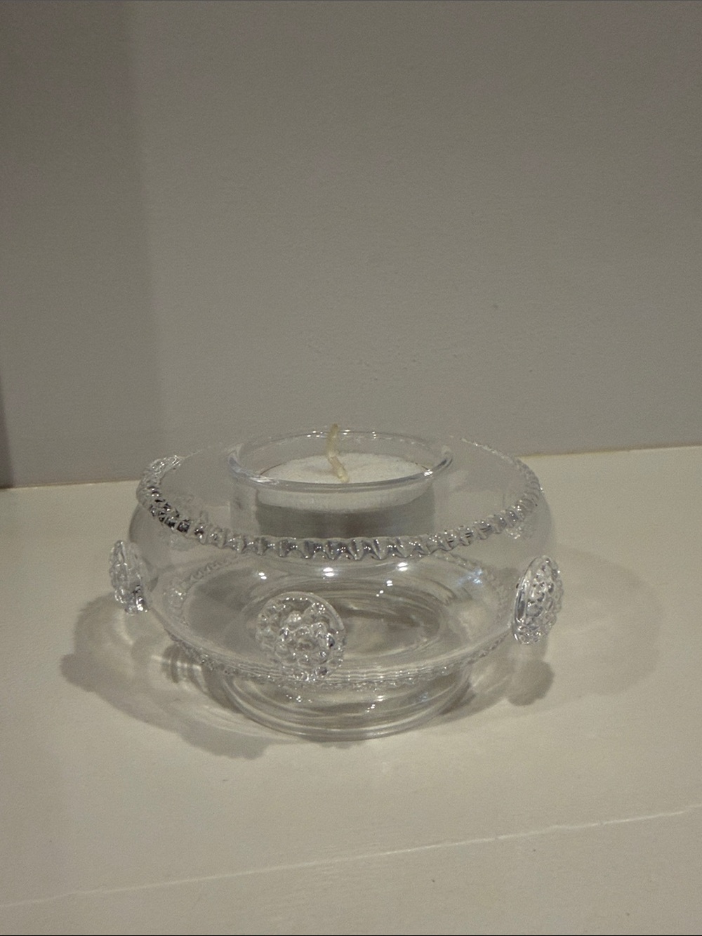 Clear Glass Tealight Holder with Decorative Medallions - Clear